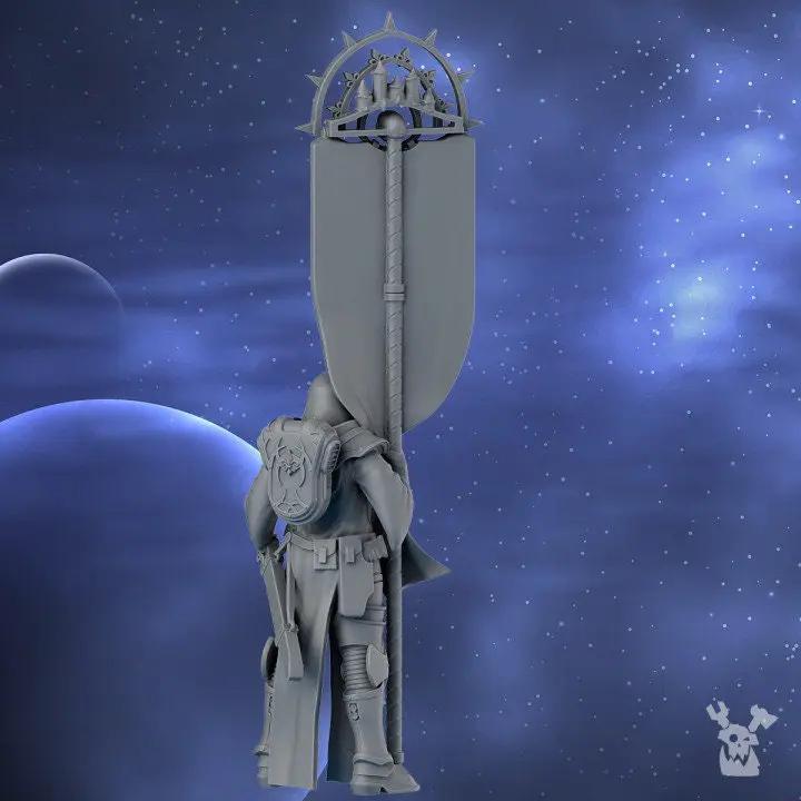 3D printed Standard Bearer of the St. Moon model by Last Hope Miniatures, featuring intricate details on a miniature figure.
