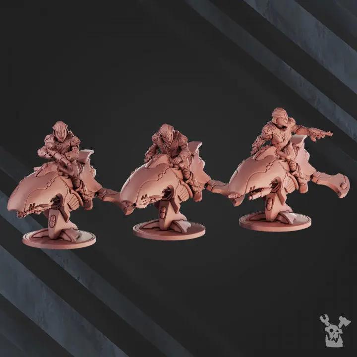 3D printed Star Alves Rider Squad model by DakkaDakka Miniatures, featuring three detailed sci-fi miniatures from Last Hope Miniatures.