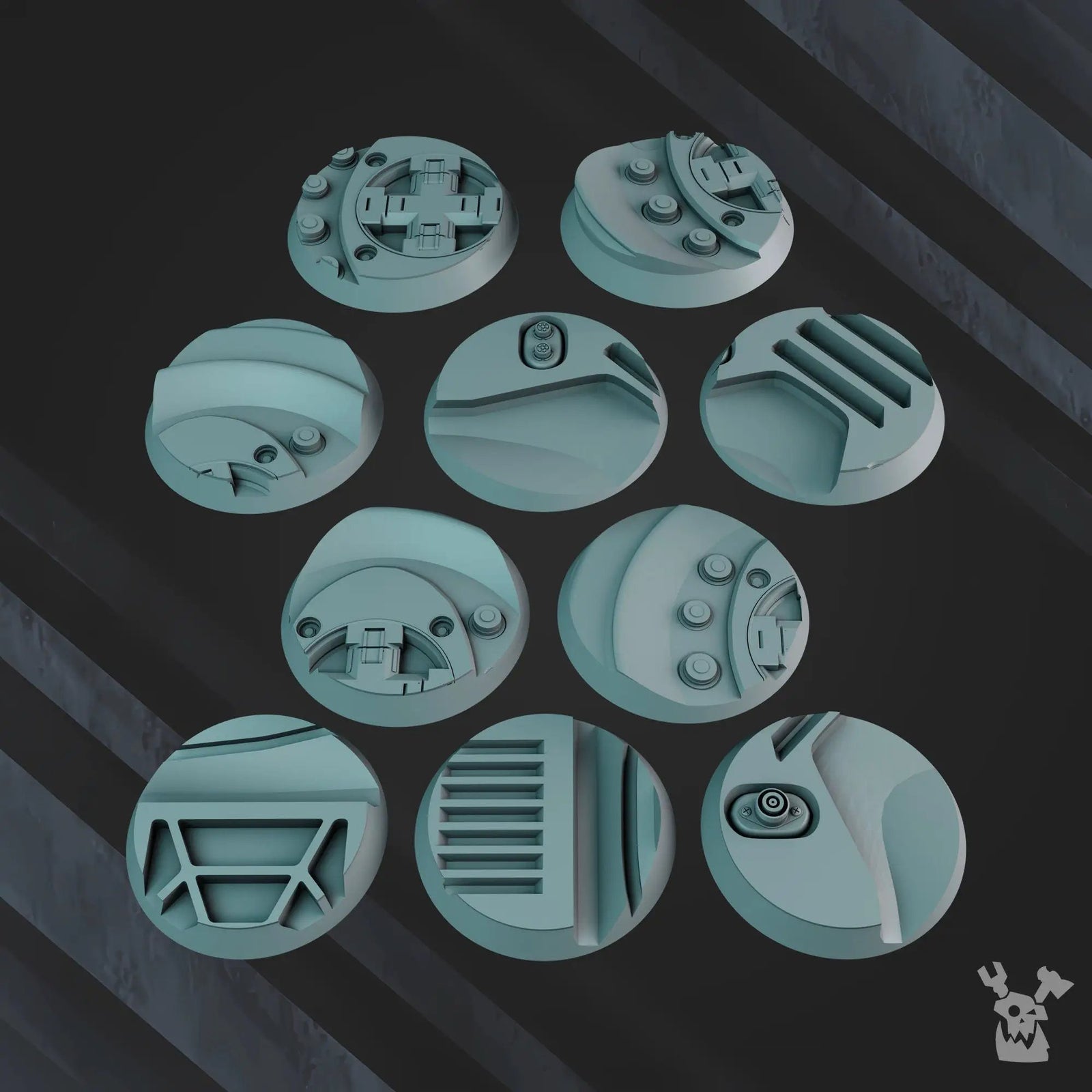 3D printed Starforge bases from Last Hope Miniatures, featuring detailed textured surfaces for model gaming and display.