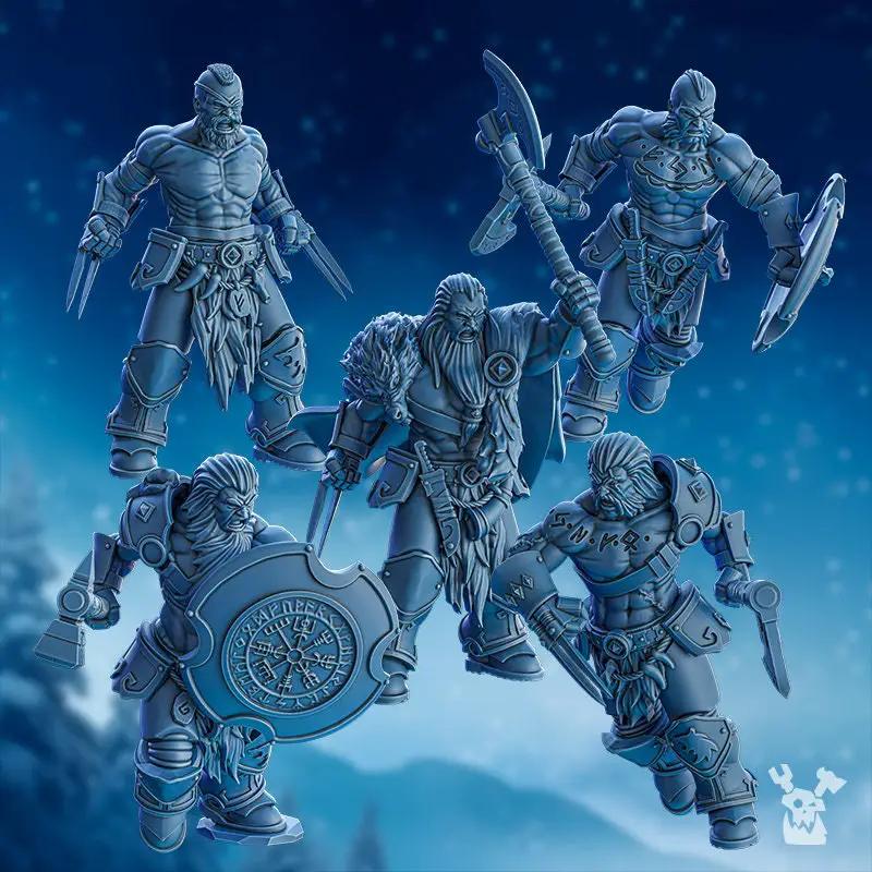 Five 3D printed Stormbringer Berserker Squad models by Last Hope Miniatures, detailed military figures for tabletop gaming.