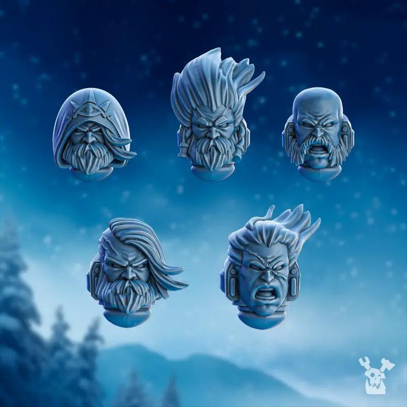Set of ten 3D printed Stormbringer Commander miniature heads by Last Hope Miniatures for tabletop models, detailed and ready for painting.