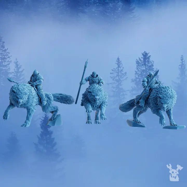 3D printed Stormbringer Wolfrider Squad model by Last Hope Miniatures, featuring three detailed fantasy warrior figures.
