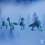 Three 3D printed Stormbringer Wolfrider Squad models by Last Hope Miniatures for DakkaDakka Miniatures, featuring detailed fantasy figures.