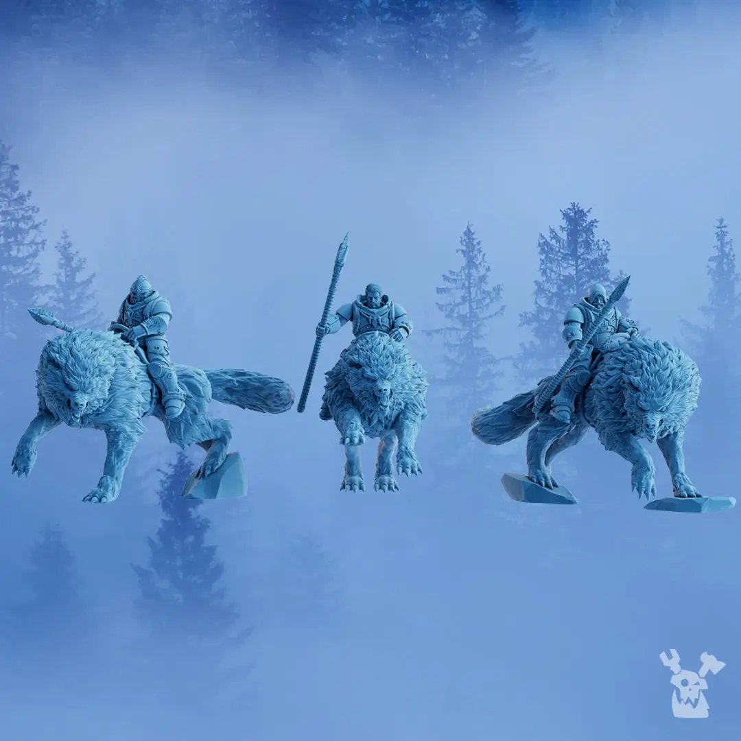 Three 3D printed Stormbringer Wolfrider Squad models by Last Hope Miniatures for DakkaDakka Miniatures, featuring detailed fantasy figures.