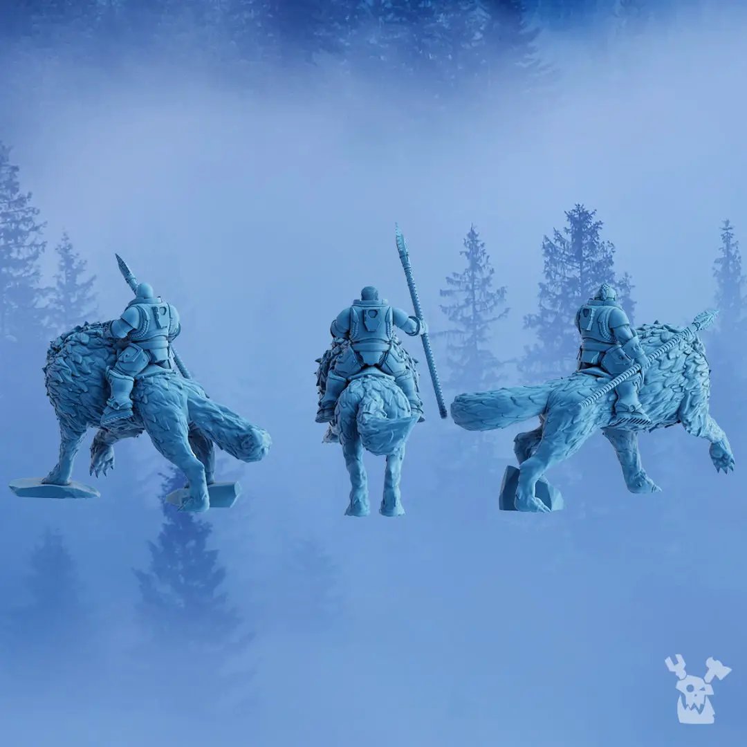 Three 3D printed Stormbringer Wolfrider Squad models by Last Hope Miniatures, featuring detailed fantasy warrior figures.