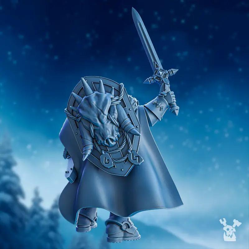 3D printed Stormbringers Champion model by DakkaDakka Mininatures, displayed on a stand with detailed armor and weapon.
