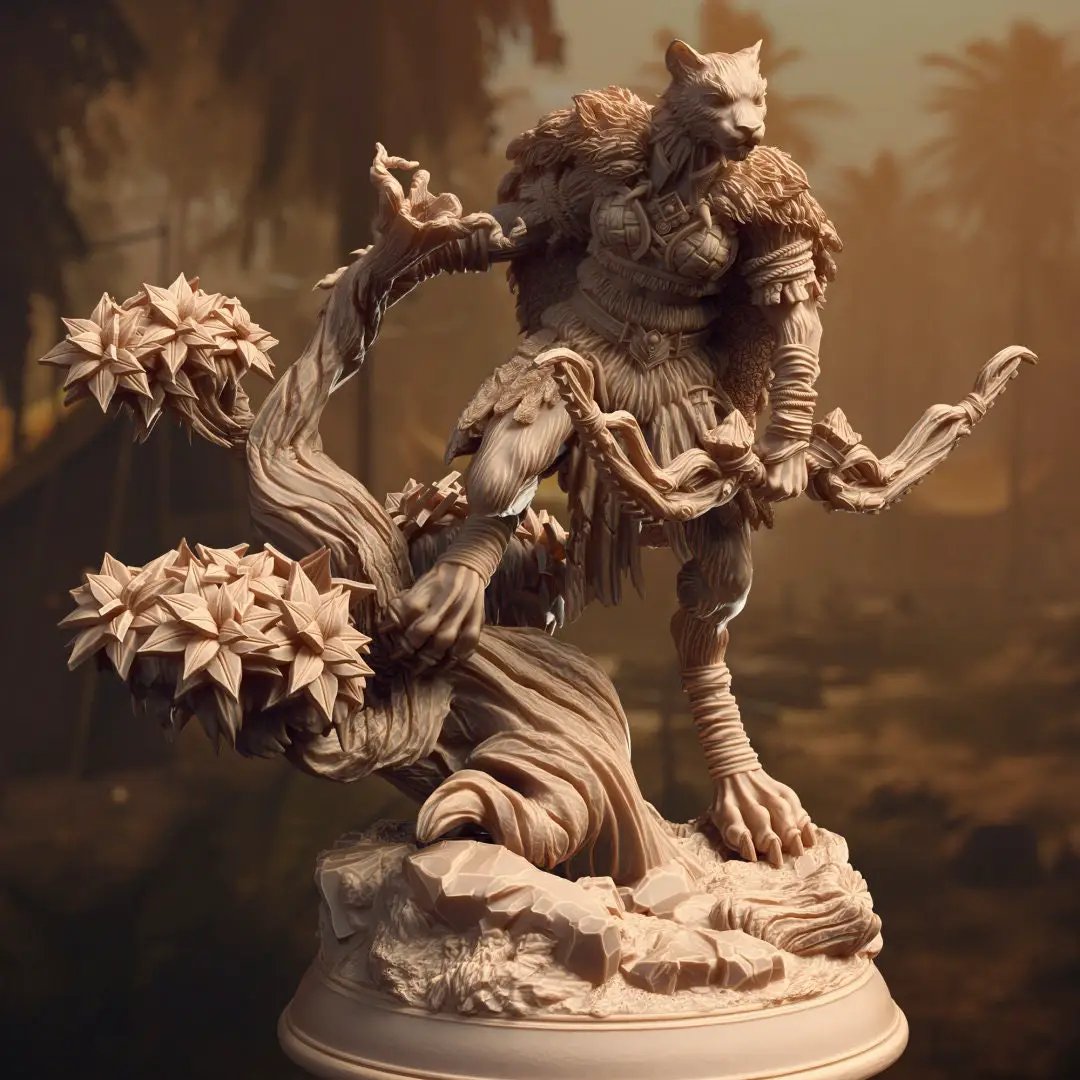3D printed Tabaxi Forest Ranger model by Last Hope Miniatures, detailed feline character with forest-themed gear and attire.