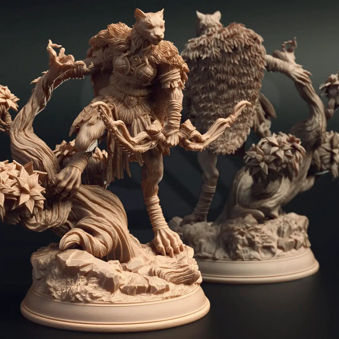 3D printed Tabaxi Forest Ranger model by Last Hope Miniatures, detailed feline character with forest gear, from DM Stash.