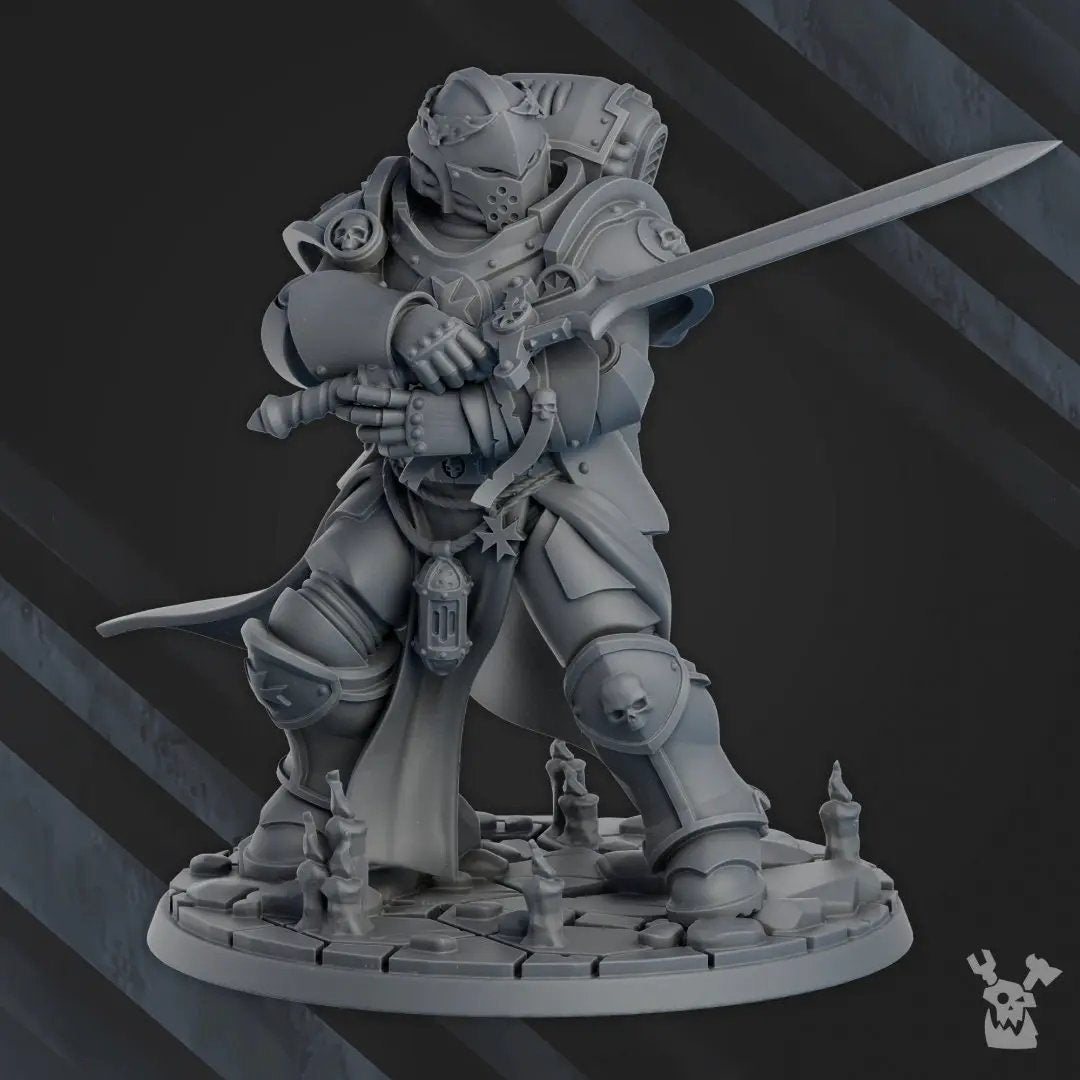 3D printed Templar Space Knight model by Last Hope Miniatures, featuring detailed armor and futuristic weaponry from DakkaDakka Miniatures.