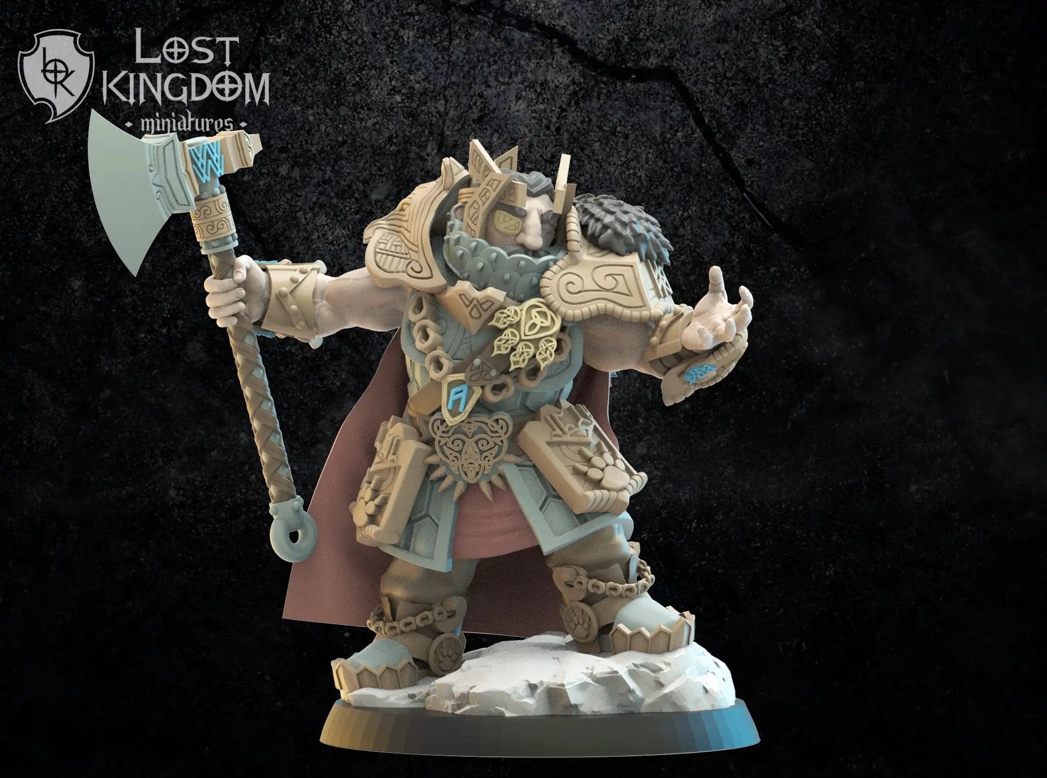 3D printed Thordin, One Eye model by Lost Kingdom Miniatures, featuring detailed features and detailed sculpting on a display stand.