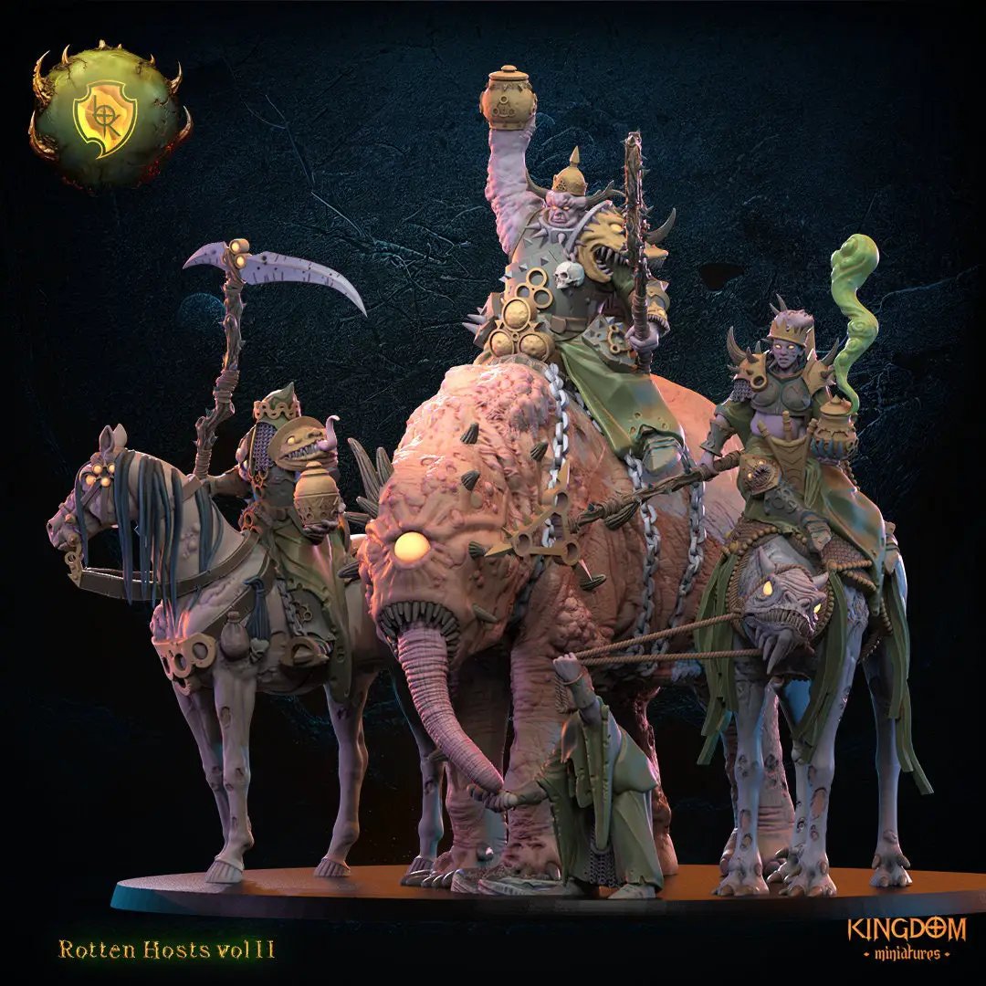 3D printed model of Three Rotten Kings by Lost Kingdom Miniatures, displayed on a surface with intricate details and textures.
