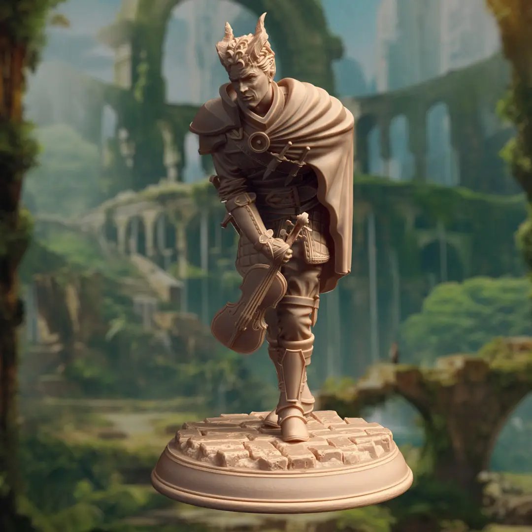 3D printed Tiefling Bard Fighter model by Last Hope Miniatures, detailed fantasy figure with horns and musical instrument.