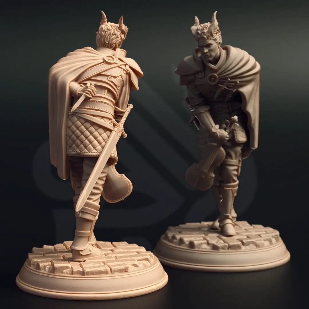 3D printed Tiefling Bard Fighter model by Last Hope Miniatures, featuring detailed horns, vibrant clothing, and a musical instrument.