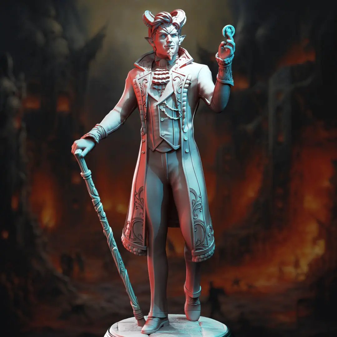 3D printed Tiefling Devil Dealer model by Last Hope Miniatures, featuring a devilish figure with horns and detailed clothing.