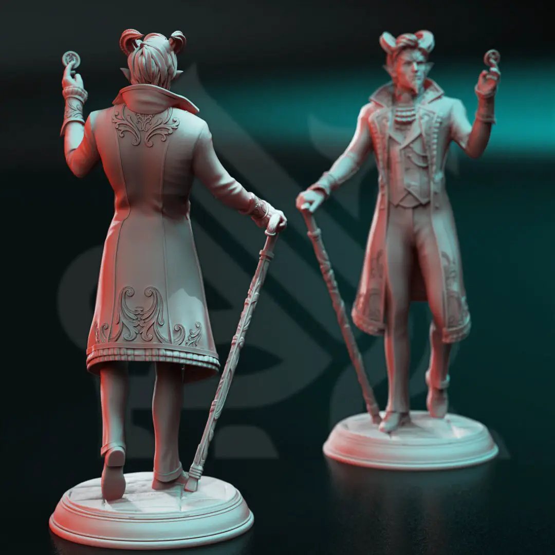 3D printed Tiefling Devil Dealer model by Last Hope Miniatures, featuring detailed horns, red skin, and devilish attire.