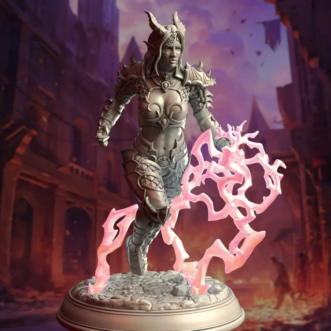 3D printed Tiefling Draconic Bloodline Sorcerer model by Last Hope Miniatures, detailed fantasy tabletop gaming figure.