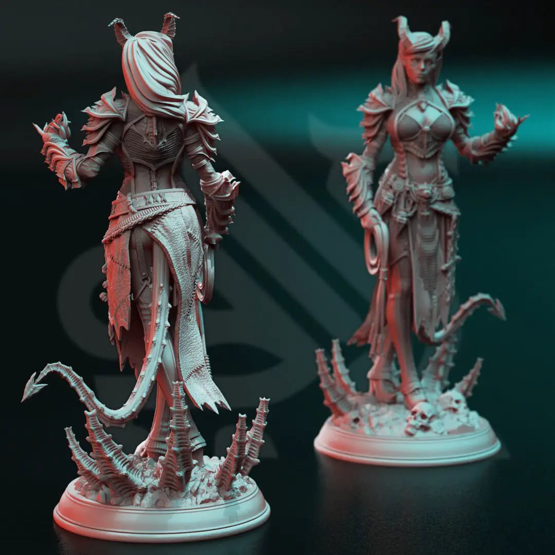 3D printed Tiefling Fiend Warlock model by Last Hope Miniatures, detailed fantasy figure with horns and magical attire.