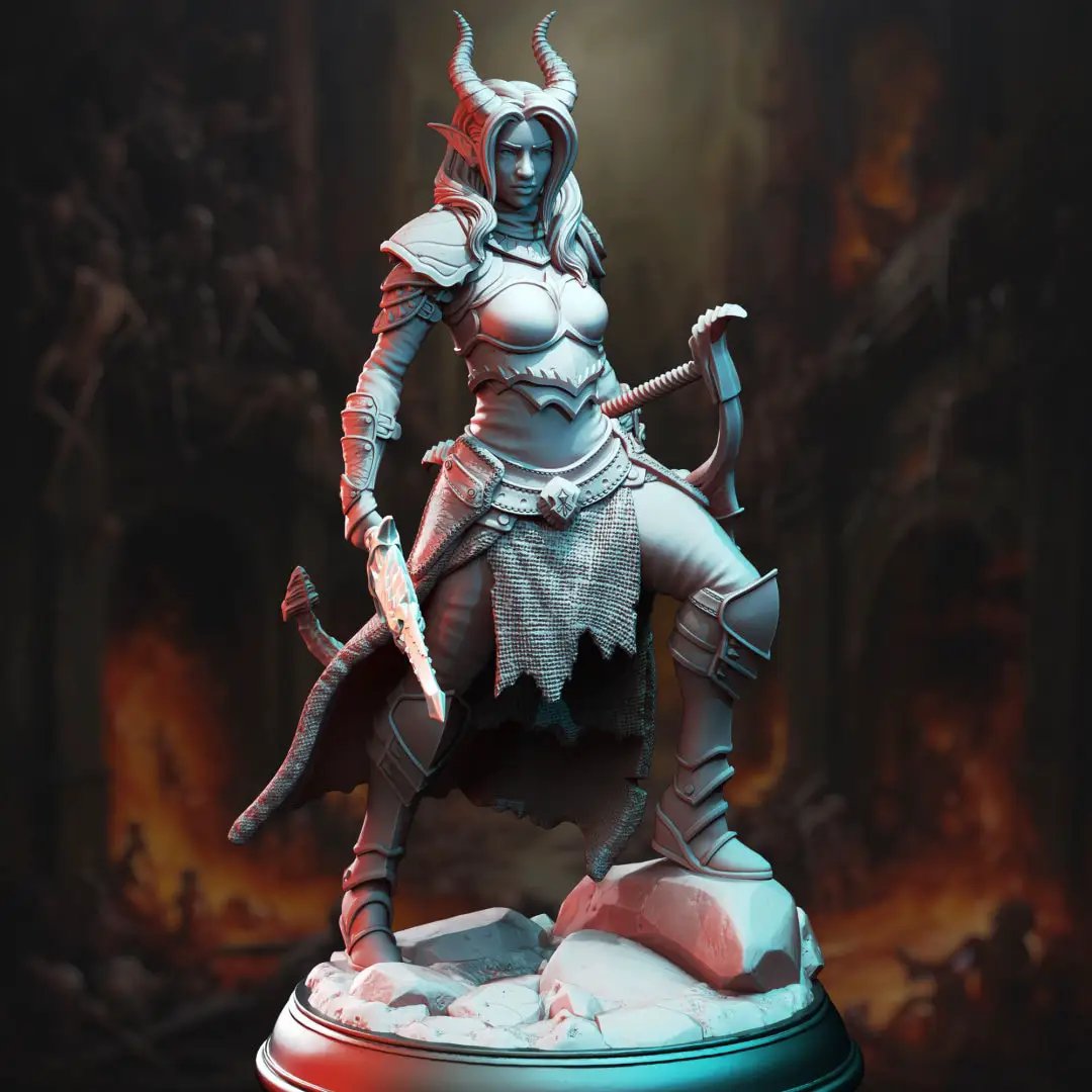 3D printed Tiefling Horizon Walker Ranger model by Last Hope Miniatures, featuring detailed sculpting and vibrant paint accents.