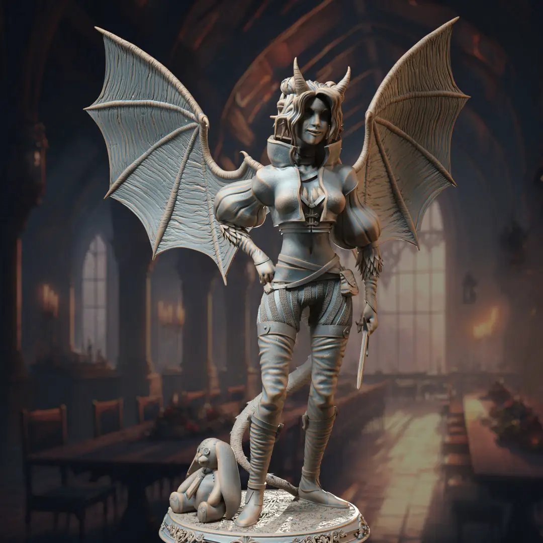 3D printed Tiefling Warlock miniature by Last Hope Miniatures, detailed model for tabletop gaming or display.
