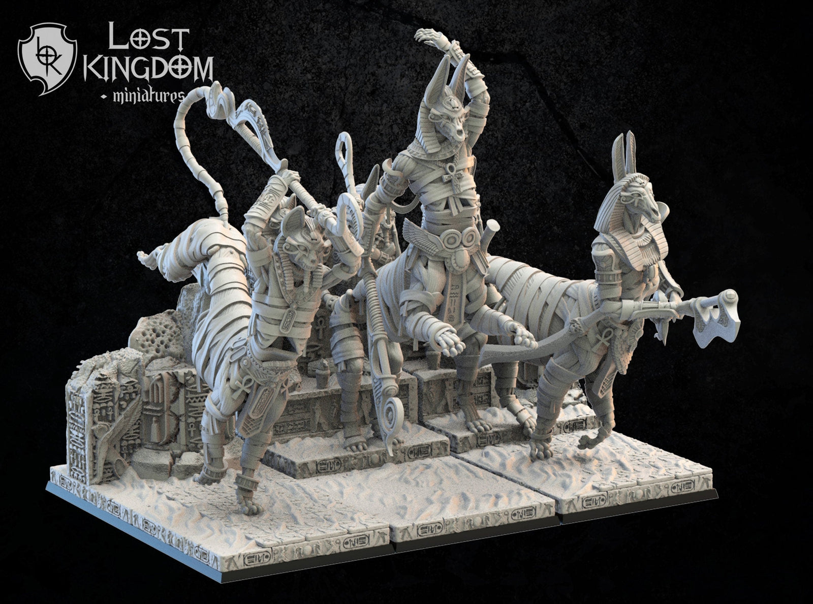Three 3D printed Tomb Guardians models by Last Hope Miniatures, detailed stone-like figures from Lost Kingdom Miniatures.