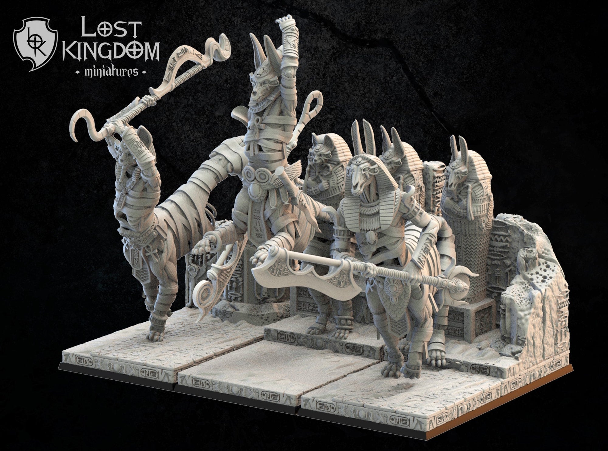 Three 3D printed Tomb Guardians models by Lost Kingdom Miniatures, detailed fantasy figures for tabletop gaming.