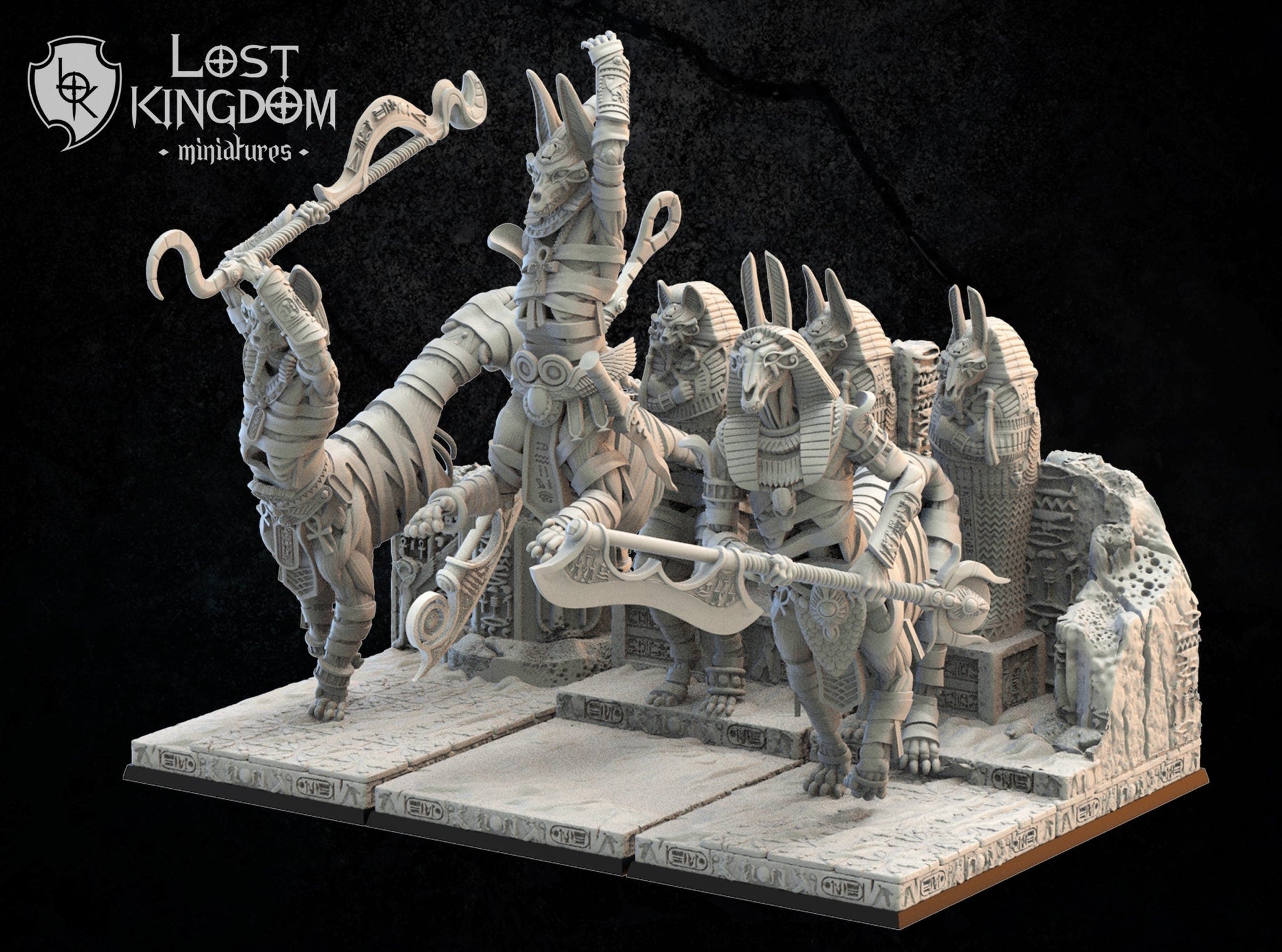 Three 3D printed Tomb Guardians models by Lost Kingdom Miniatures, detailed fantasy figures for tabletop gaming.