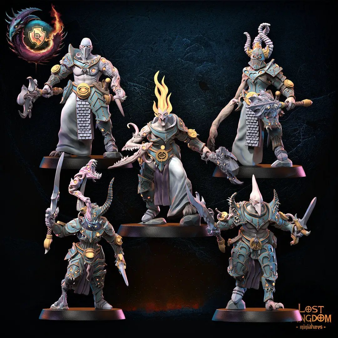 Set of five 3D printed Transmutation Regiment models by Lost Kingdom Miniatures, detailed fantasy miniatures for tabletop gaming.