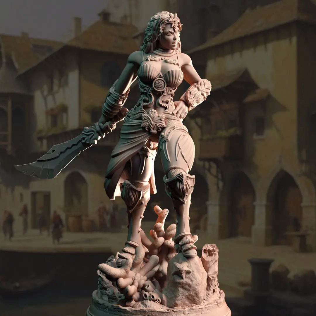 3D printed Triton Female Fighter model by Last Hope Miniatures, detailed fantasy miniature from DM Stash collection.