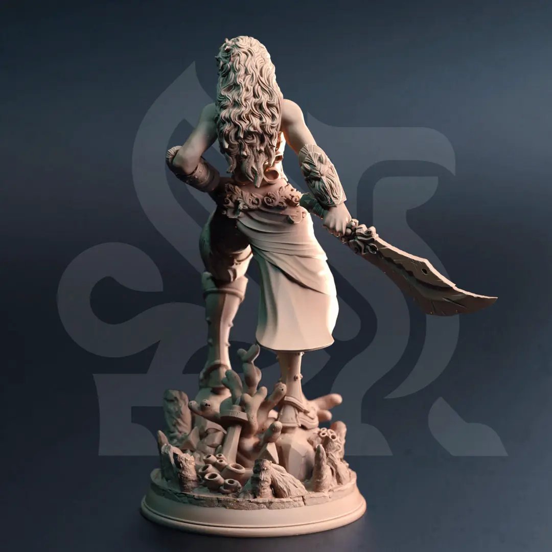 3D printed Triton Female Fighter model by Last Hope Miniatures, detailed fantasy figure with armor and weaponry.