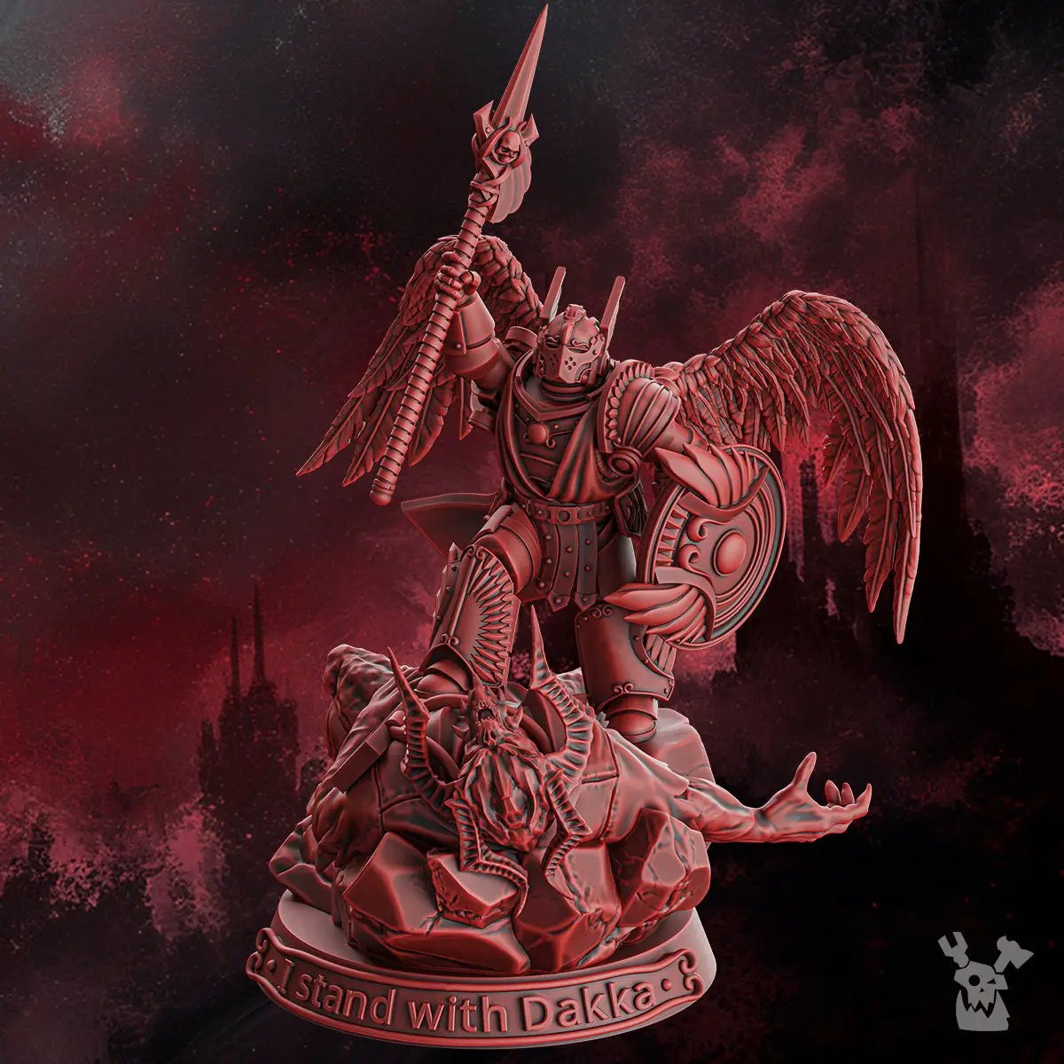 3D printed triumphant angel model by Last Hope Miniatures, featuring detailed wings and flowing robes, standing in a victorious pose.