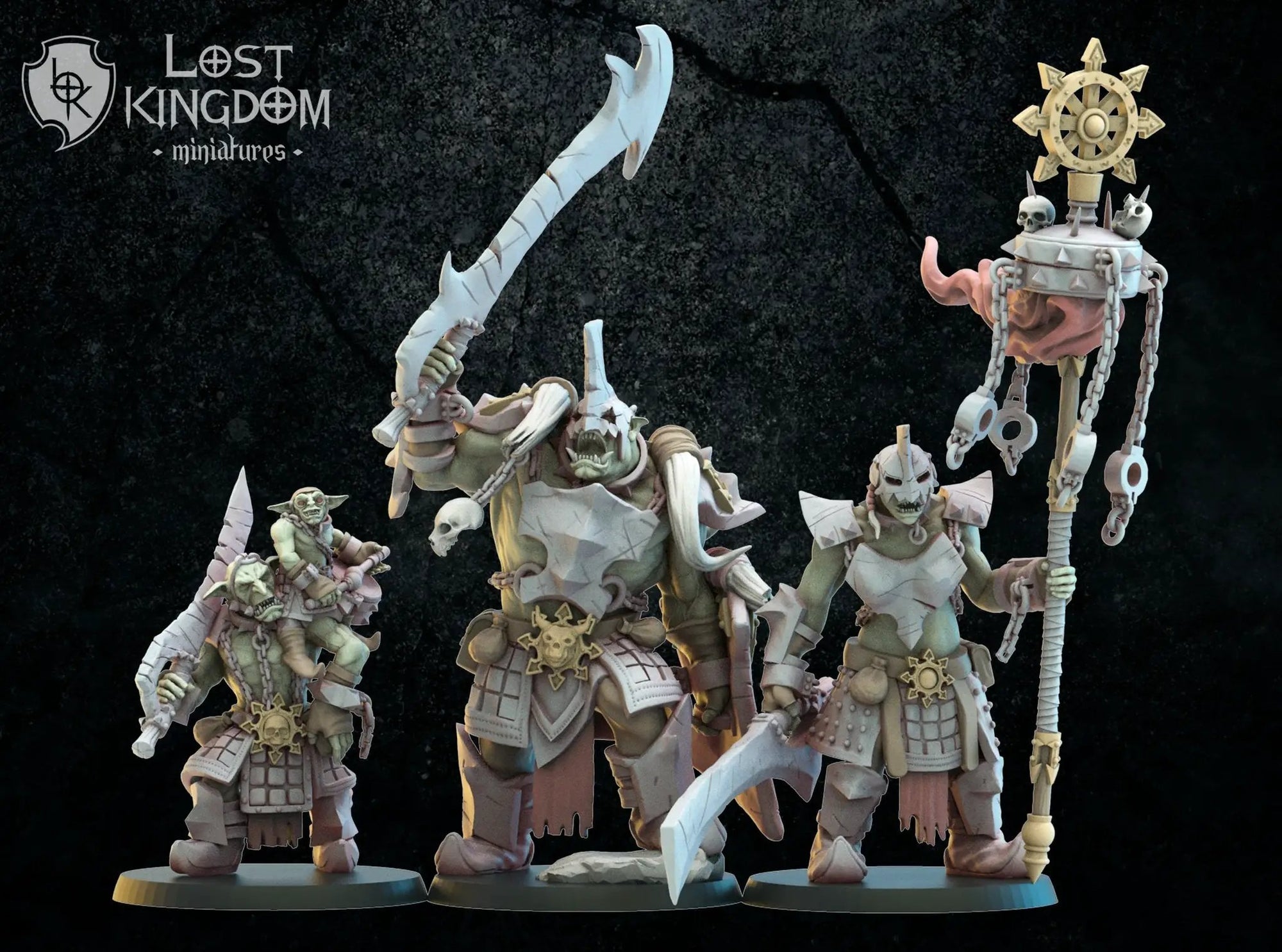 3D printed Urk Slaves Command Group model by Lost Kingdom Miniatures, featuring detailed orc figures with weapons and armor.