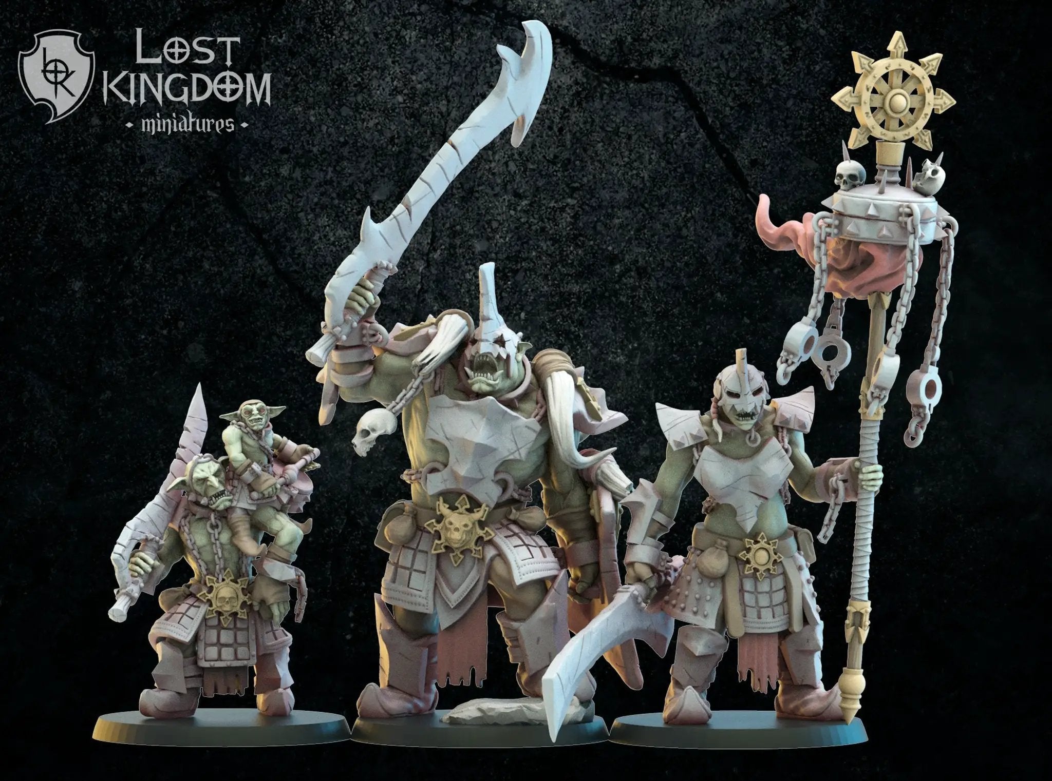 3D printed Urk Slaves Command Group model by Lost Kingdom Miniatures, featuring detailed orc figures with weapons and armor.