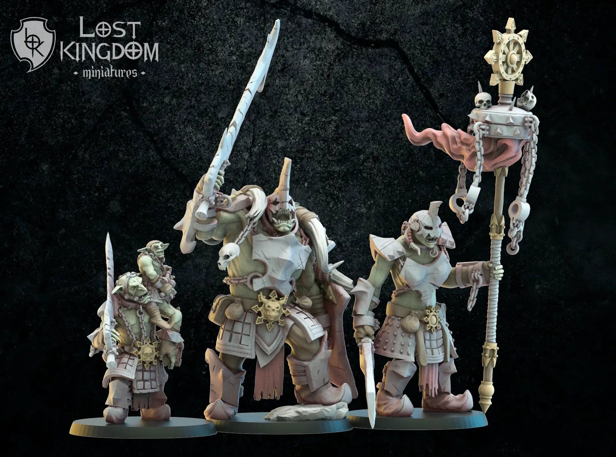 3D printed Urk Slaves Command Group model by Lost Kingdom Miniatures, featuring detailed orc figures on display.
