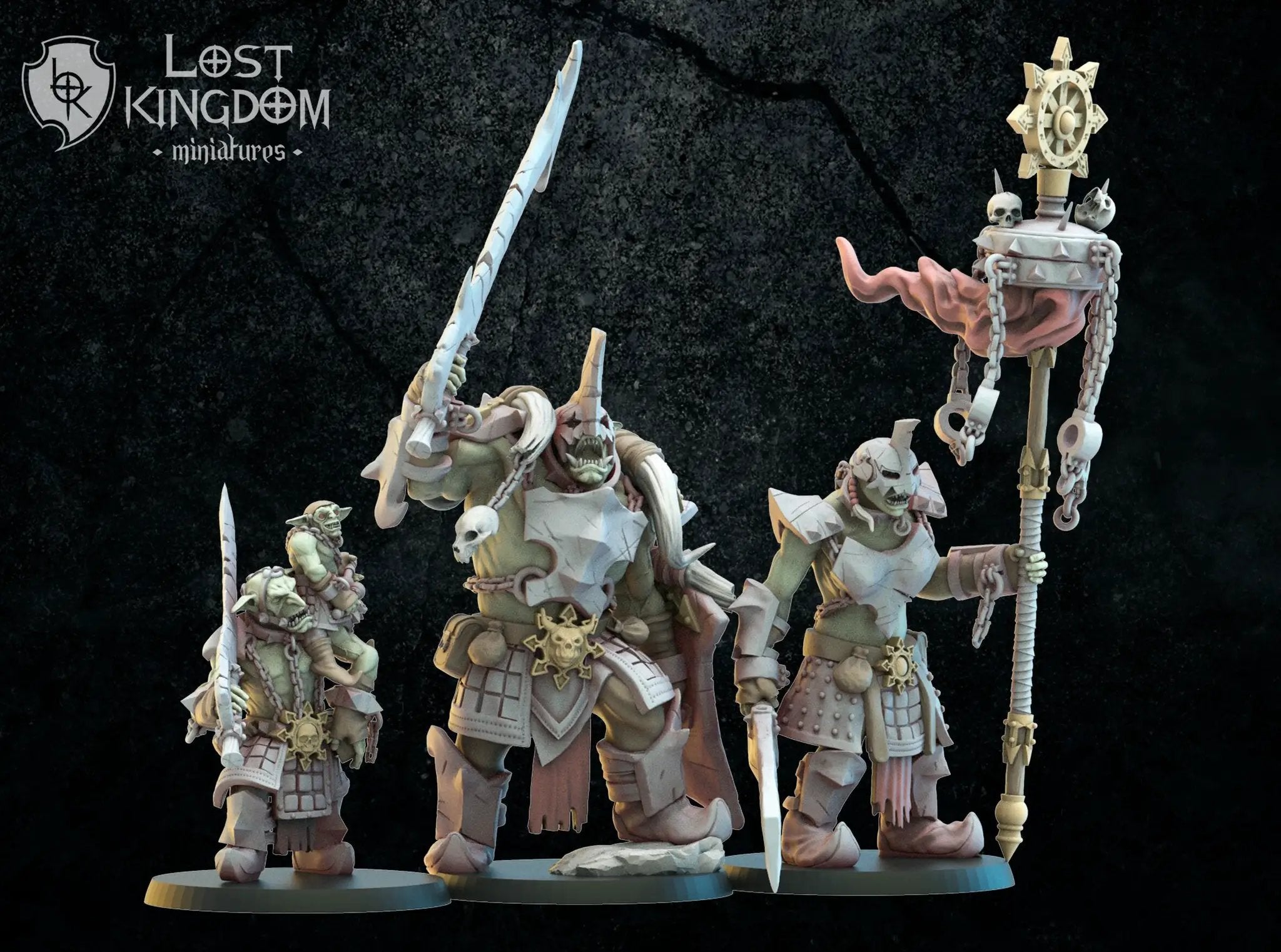 3D printed Urk Slaves Command Group model by Lost Kingdom Miniatures, featuring detailed orc figures on display.