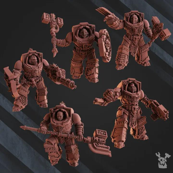 Set of five 3D printed Volcano Armor Squad models by Last Hope Miniatures, featuring detailed volcanic-themed armor.