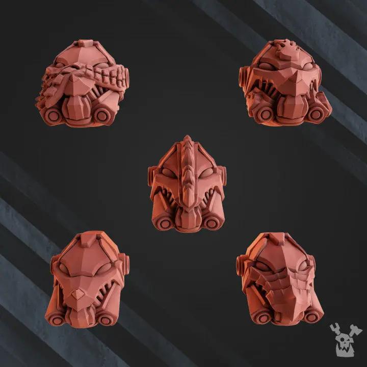 Set of five 3D printed Volcano Armor Squad models by Last Hope Miniatures, featuring detailed volcanic-themed armor designs.