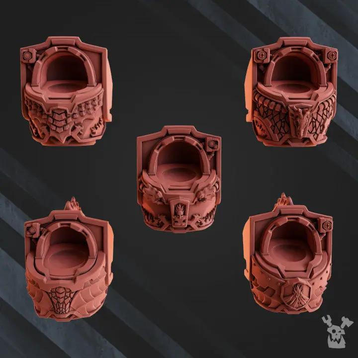 Set of five 3D printed Volcano Armor Squad models by Last Hope Miniatures, featuring detailed volcanic-themed armor for tabletop gaming.