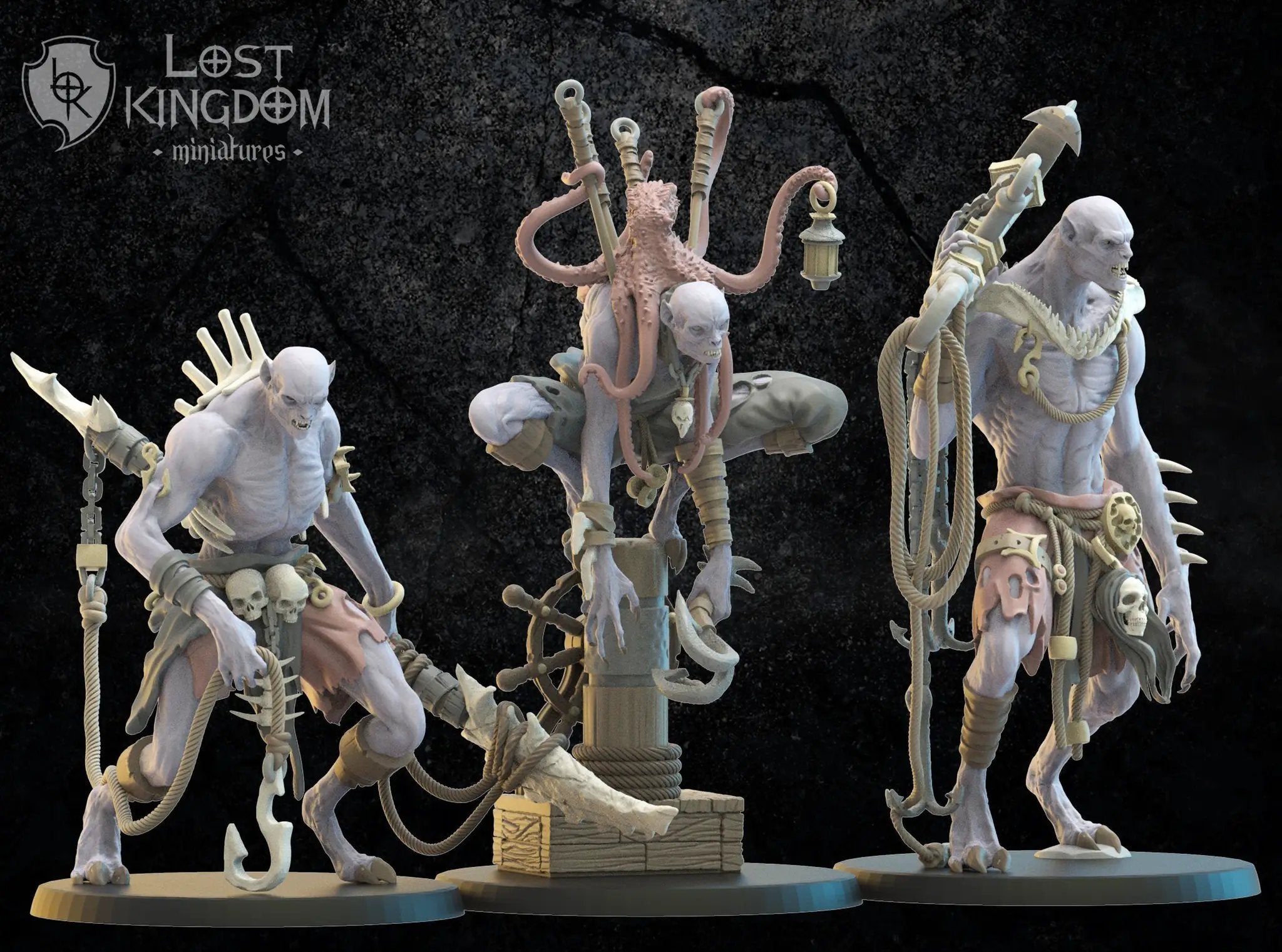 Three 3D-printed Vycanthropes Looters miniatures by Lost Kingdom Miniatures, detailed models for tabletop gaming.