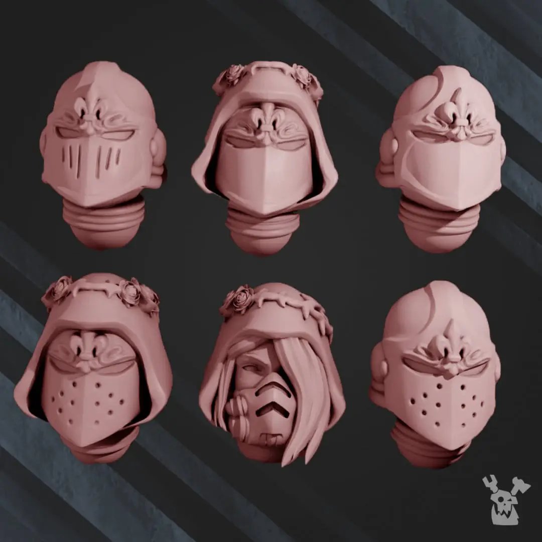 3D printed War Sisters helmet set by Last Hope Miniatures, featuring six detailed model bits for tabletop gaming.