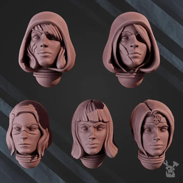 Set of 10 3D printed War Sisters Great Martyrs heads for models by Last Hope Miniatures, featuring detailed sculpting and intricate design.