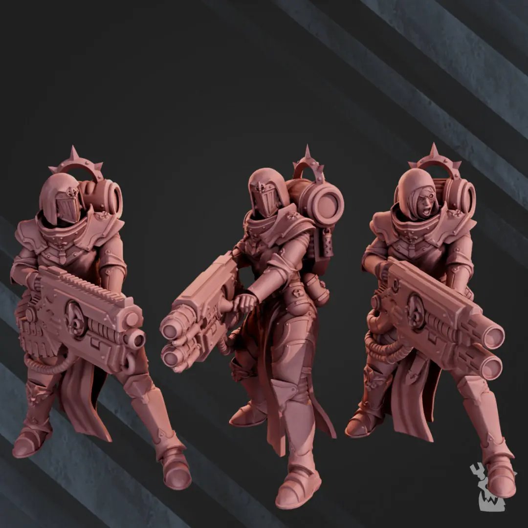 3D printed War Sisters team with heavy weapons models by Last Hope Miniatures, featuring three detailed figures.