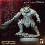 3D printed Warchief Azrokal model by Last Hope Miniatures for Archvillain Games, showing detailed orc warrior with armor and weapons.