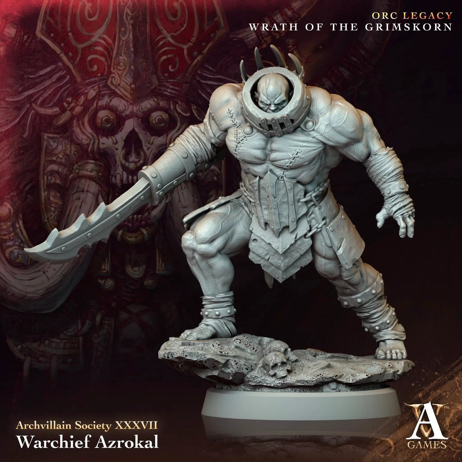 3D printed Warchief Azrokal model by Last Hope Miniatures for Archvillain Games, showing detailed orc warrior with armor and weapons.