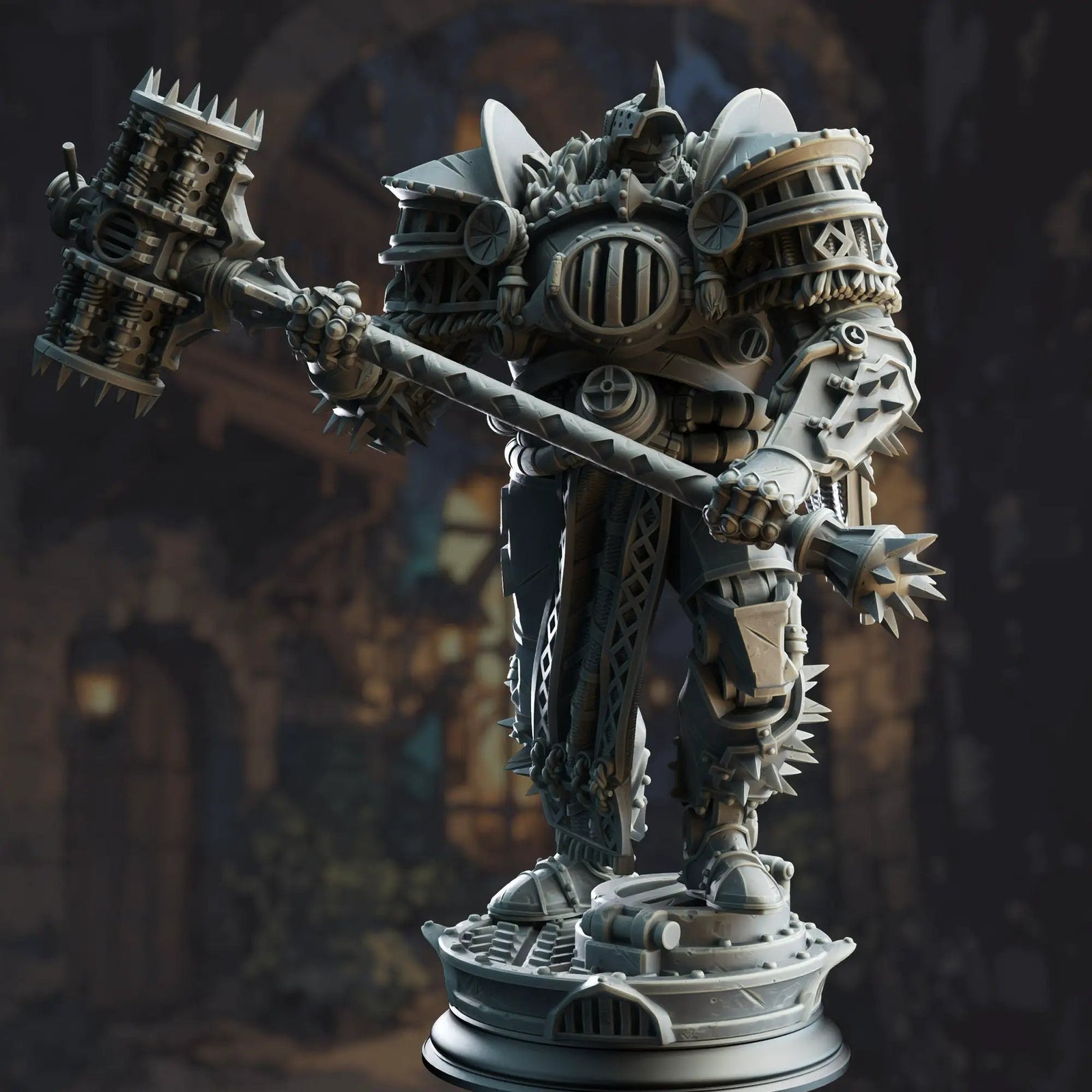 3D printed Warforged Colossus model by Last Hope Miniatures, detailed metallic figure with intricate armor and mechanical features.