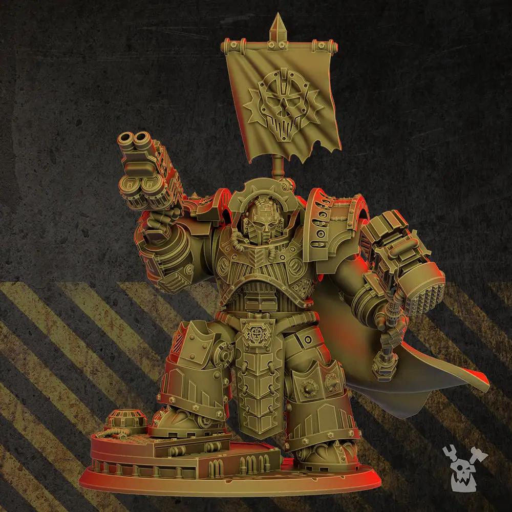 3D printed Warsmith model in heavy armor by DakkaDakka Miniatures, mounted on a detailed base, from Last Hope Miniatures.