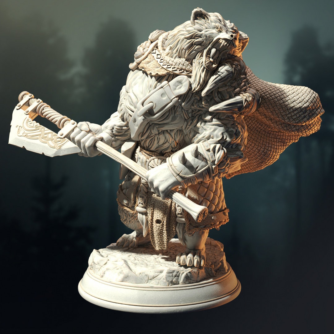 3D printed Werebear Barbarian "Bearserker" model by Last Hope Miniatures, featuring detailed bear and warrior armor in a dynamic pose.