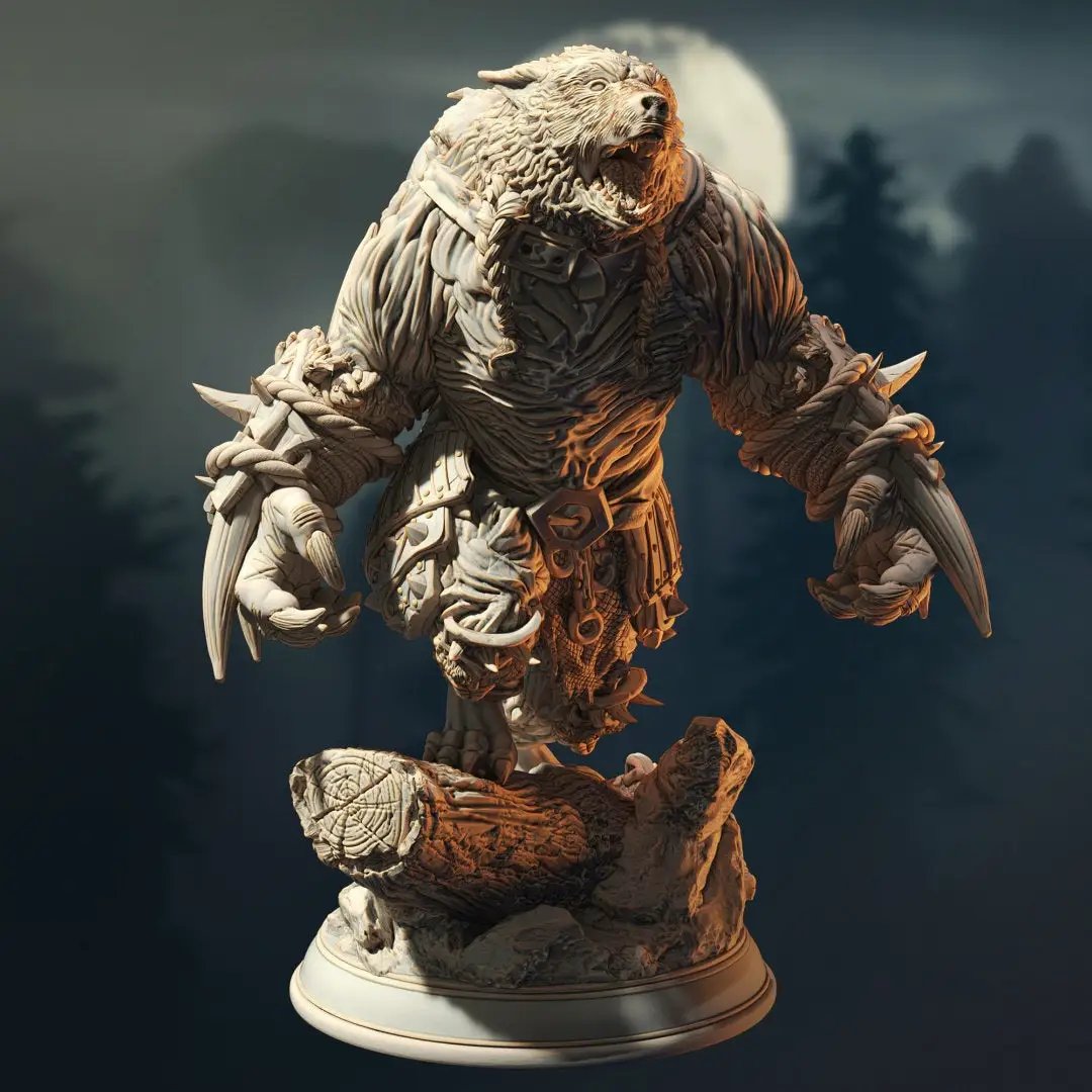 3D printed Werebear Bearserker Barbarian model by Last Hope Miniatures, featuring detailed bear warrior with armor and weapon.