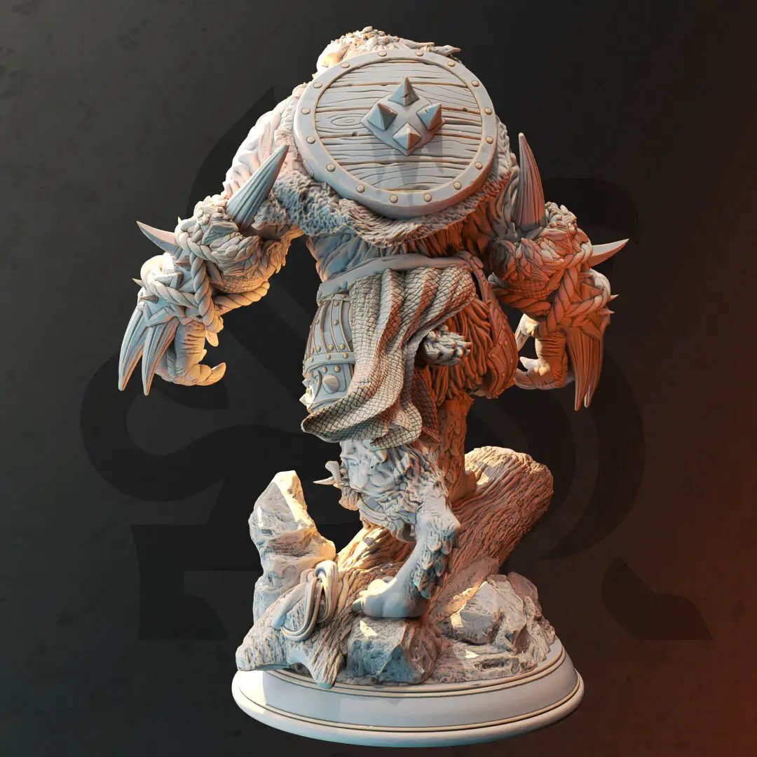 3D printed Werebear Bearserker barbarian model by Last Hope Miniatures, featuring detailed fur and fierce stance.
