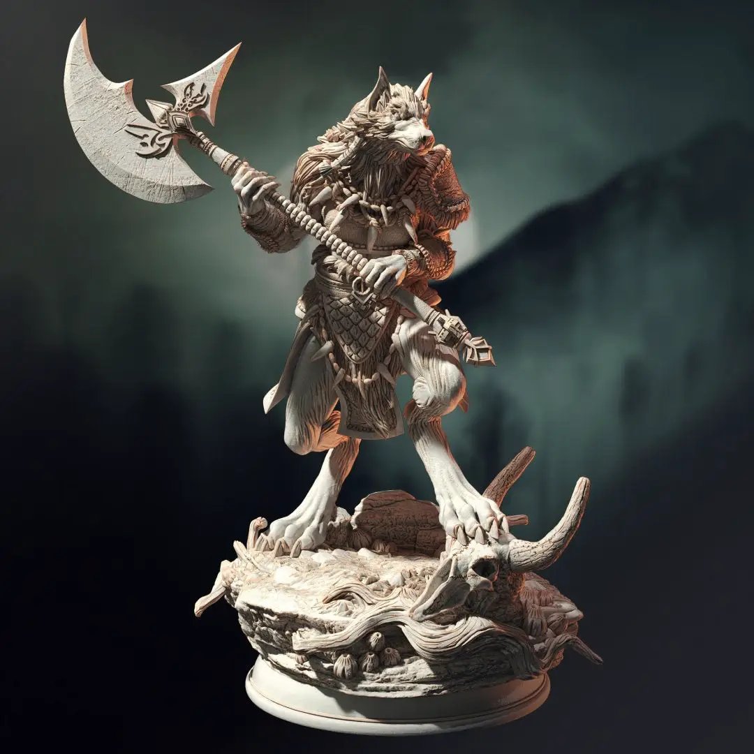 3D printed Werewolf Barbarian model by Last Hope Miniatures, featuring a fierce werewolf with barbarian armor and weapons.