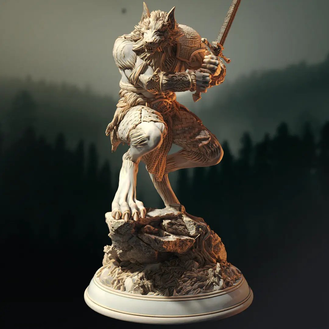 3D printed Werewolf Barbarian Fighter model by Last Hope Miniatures for D&D, detailed with fierce wolf features and barbarian armor.